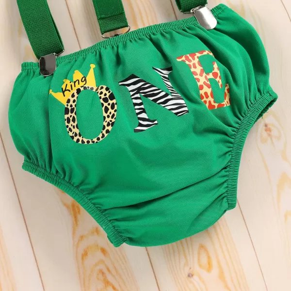 IDOPIP Baby Boys 1st Birthday Cake Smash Outfit Bowtie Romper Suspenders Shorts Pants Set with Lion Headband 4PCS Photo PropsGreen One