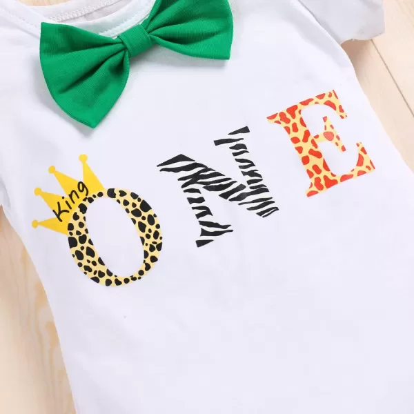 IDOPIP Baby Boys 1st Birthday Cake Smash Outfit Bowtie Romper Suspenders Shorts Pants Set with Lion Headband 4PCS Photo PropsGreen One