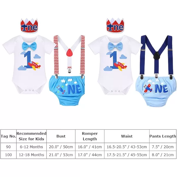 IDOPIP Baby Boys 1st Birthday Cake Smash Outfit Bowtie Romper Suspenders Shorts Pants Set with Lion Headband 4PCS Photo PropsLight Blue Airplane