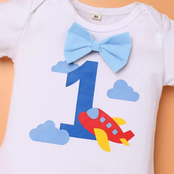 IDOPIP Baby Boys 1st Birthday Cake Smash Outfit Bowtie Romper Suspenders Shorts Pants Set with Lion Headband 4PCS Photo PropsLight Blue Airplane