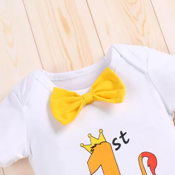 IDOPIP Baby Boys 1st Birthday Cake Smash Outfit Bowtie Romper Suspenders Shorts Pants Set with Lion Headband 4PCS Photo PropsYellow 1st Birthday