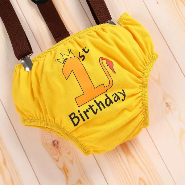 IDOPIP Baby Boys 1st Birthday Cake Smash Outfit Bowtie Romper Suspenders Shorts Pants Set with Lion Headband 4PCS Photo PropsYellow 1st Birthday