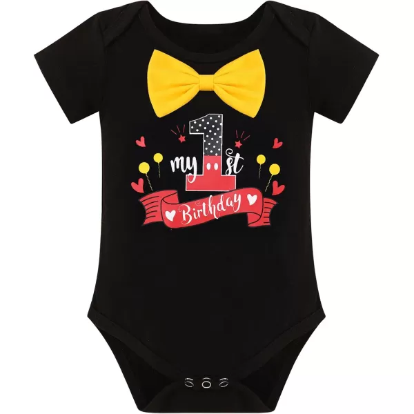 IDOPIP Baby Boys First Birthday Party Cake Smash Outfit Bowtie Romper Suspenders Pants Set with Mouse Ear Headband CostumeBlack 1st Birthday  Button 2