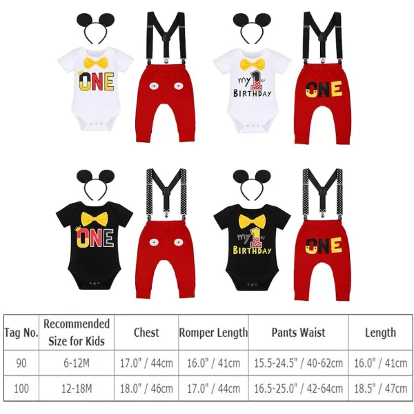 IDOPIP Baby Boys First Birthday Party Cake Smash Outfit Bowtie Romper Suspenders Pants Set with Mouse Ear Headband CostumeWhite  One