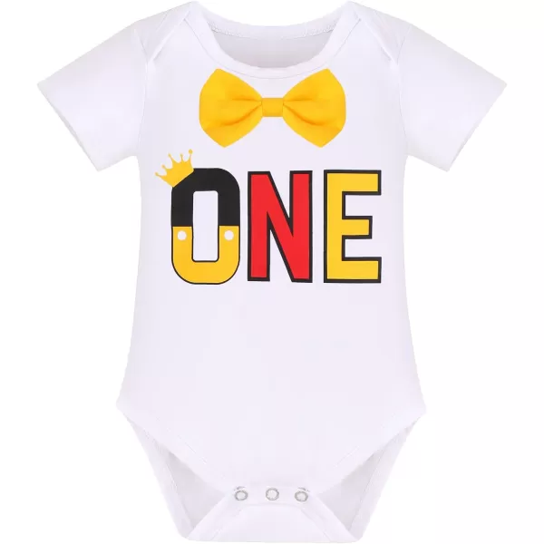 IDOPIP Baby Boys First Birthday Party Cake Smash Outfit Bowtie Romper Suspenders Pants Set with Mouse Ear Headband CostumeWhite  One