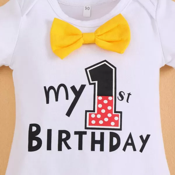 IDOPIP Baby Boys First Birthday Party Cake Smash Outfit Bowtie Romper Suspenders Pants Set with Mouse Ear Headband CostumeWhite 1st Birthday  Button