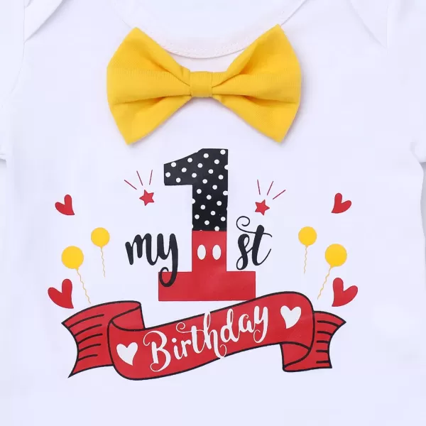 IDOPIP Baby Boys First Birthday Party Cake Smash Outfit Bowtie Romper Suspenders Pants Set with Mouse Ear Headband CostumeWhite 1st Birthday  One 2