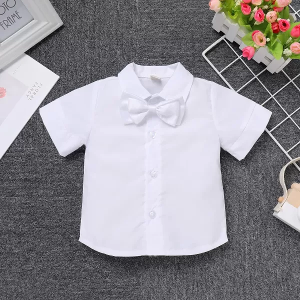 IDOPIP Baby Boys Formal Suit Set Short Sleeve Bowtie Tshirt Suspenders Shorts Pants Wedding Tuxedo Outfit Cake Smash ClothesAll White  Harem Pants