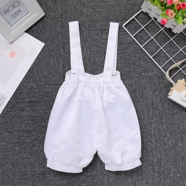 IDOPIP Baby Boys Formal Suit Set Short Sleeve Bowtie Tshirt Suspenders Shorts Pants Wedding Tuxedo Outfit Cake Smash ClothesAll White  Harem Pants