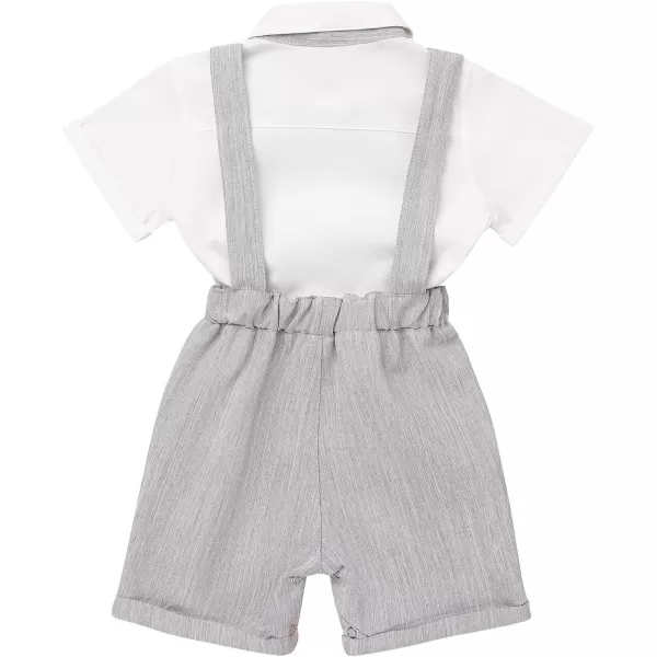 IDOPIP Baby Boys Formal Suit Set Short Sleeve Bowtie Tshirt Suspenders Shorts Pants Wedding Tuxedo Outfit Cake Smash ClothesGray