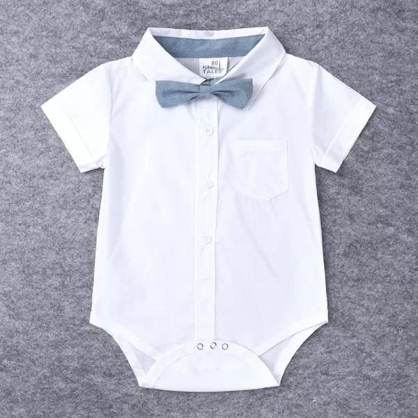 IDOPIP Baby Boys Formal Suit Set Short Sleeve Bowtie Tshirt Suspenders Shorts Pants Wedding Tuxedo Outfit Cake Smash ClothesWhite  Blue