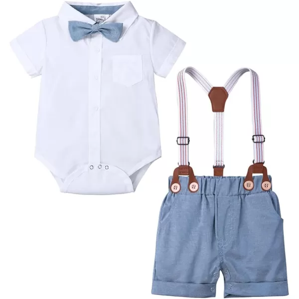 IDOPIP Baby Boys Formal Suit Set Short Sleeve Bowtie Tshirt Suspenders Shorts Pants Wedding Tuxedo Outfit Cake Smash ClothesWhite  Blue