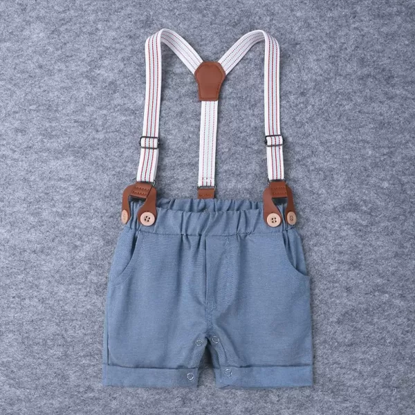 IDOPIP Baby Boys Formal Suit Set Short Sleeve Bowtie Tshirt Suspenders Shorts Pants Wedding Tuxedo Outfit Cake Smash ClothesWhite  Blue