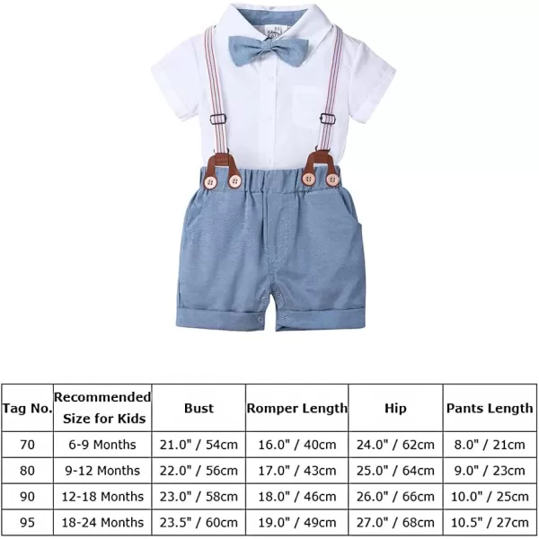 IDOPIP Baby Boys Formal Suit Set Short Sleeve Bowtie Tshirt Suspenders Shorts Pants Wedding Tuxedo Outfit Cake Smash ClothesWhite  Blue