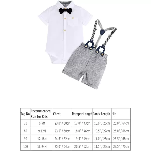 IDOPIP Baby Boys Formal Suit Set Short Sleeve Bowtie Tshirt Suspenders Shorts Pants Wedding Tuxedo Outfit Cake Smash ClothesWhite  Gray