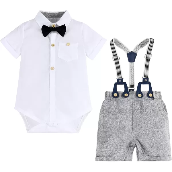 IDOPIP Baby Boys Formal Suit Set Short Sleeve Bowtie Tshirt Suspenders Shorts Pants Wedding Tuxedo Outfit Cake Smash ClothesWhite  Gray