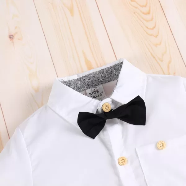 IDOPIP Baby Boys Formal Suit Set Short Sleeve Bowtie Tshirt Suspenders Shorts Pants Wedding Tuxedo Outfit Cake Smash ClothesWhite  Gray