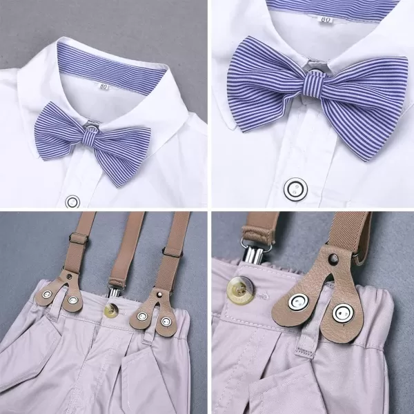 IDOPIP Baby Boys Formal Suit Set Short Sleeve Bowtie Tshirt Suspenders Shorts Pants Wedding Tuxedo Outfit Cake Smash ClothesWhite  Khaki