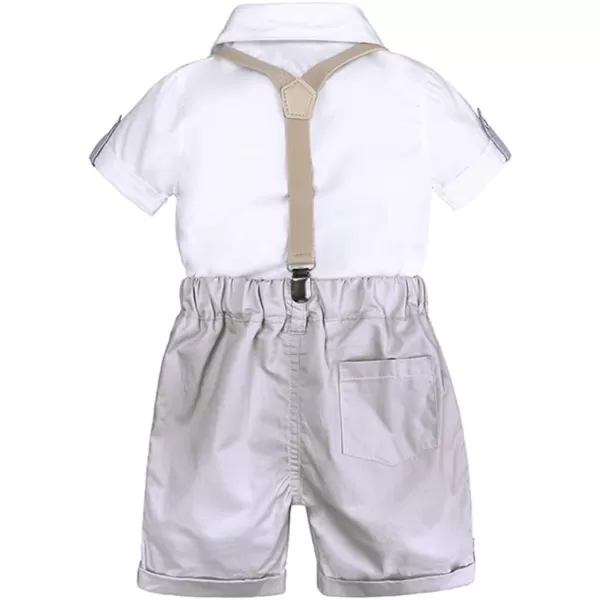 IDOPIP Baby Boys Formal Suit Set Short Sleeve Bowtie Tshirt Suspenders Shorts Pants Wedding Tuxedo Outfit Cake Smash ClothesWhite  Khaki