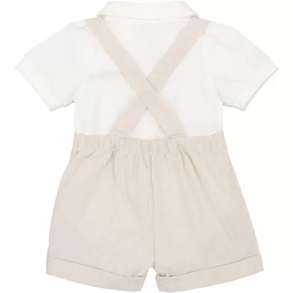 IDOPIP Baby Boys Formal Suit Set Short Sleeve Romper Suspenders Shorts Pants Bowtie Wedding Tuxedo Outfits Cake Smash ClothesKhaki