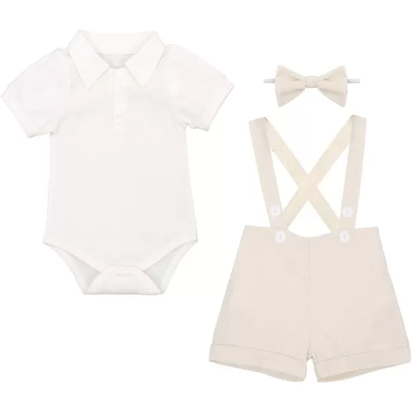 IDOPIP Baby Boys Formal Suit Set Short Sleeve Romper Suspenders Shorts Pants Bowtie Wedding Tuxedo Outfits Cake Smash ClothesKhaki