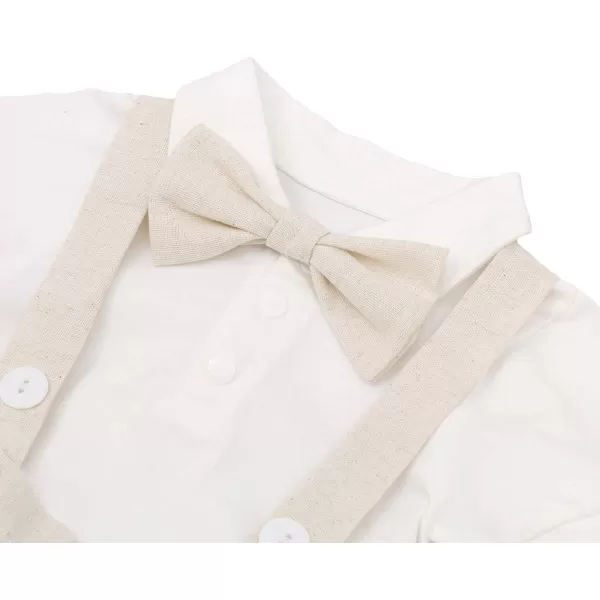 IDOPIP Baby Boys Formal Suit Set Short Sleeve Romper Suspenders Shorts Pants Bowtie Wedding Tuxedo Outfits Cake Smash ClothesKhaki