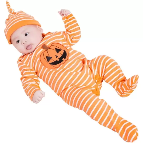 IDOPIP Baby Boys Girls 1st Halloween Pumpkin Santa Jumpsuit Long Sleeve Striped Romper Hat 2PCS Footie Romper Outfit Set 02TOrange Pumpkin