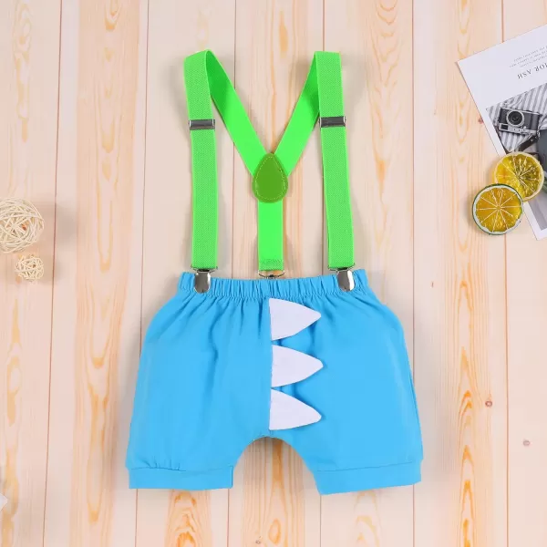 IDOPIP Baby Boys Lion Cake Smash Outfit Wild One Birthday Romper Suspenders Shorts Headband Jungle Animal Costume Photo ShootBlue  Green Dinosaur