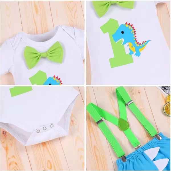 IDOPIP Baby Boys Lion Cake Smash Outfit Wild One Birthday Romper Suspenders Shorts Headband Jungle Animal Costume Photo ShootBlue  Green Dinosaur