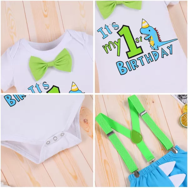 IDOPIP Baby Boys Lion Cake Smash Outfit Wild One Birthday Romper Suspenders Shorts Headband Jungle Animal Costume Photo ShootBlue Dinosaur 1st Birthday