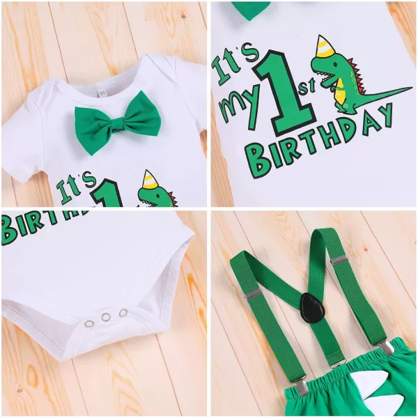 IDOPIP Baby Boys Lion Cake Smash Outfit Wild One Birthday Romper Suspenders Shorts Headband Jungle Animal Costume Photo ShootGreen Dinosaur 1st Birthday