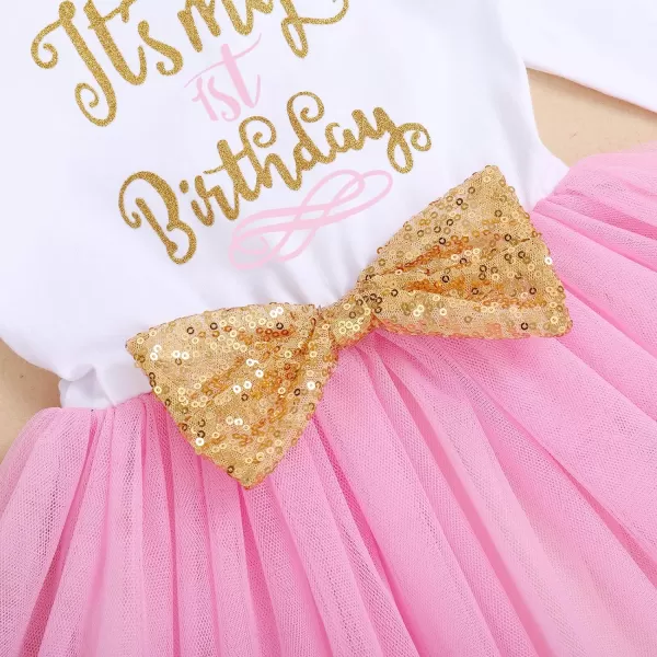 IDOPIP Baby Girl 1st 2nd 3rd Birthday Dress Princess Pageant Party Sequin Bowknot Tutu Dress Cake Smash Playwear Dress Outfit002 Pink  1st Birthday