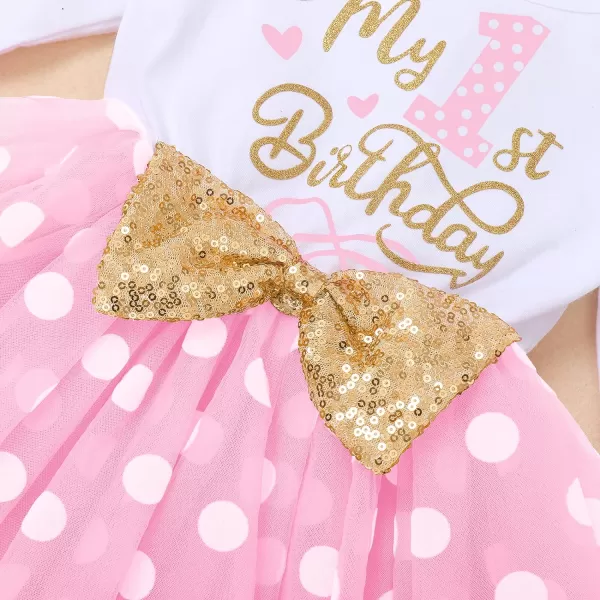 IDOPIP Baby Girl 1st 2nd 3rd Birthday Dress Princess Pageant Party Sequin Bowknot Tutu Dress Cake Smash Playwear Dress Outfit002 Pink Polka Dot  1st Birthday