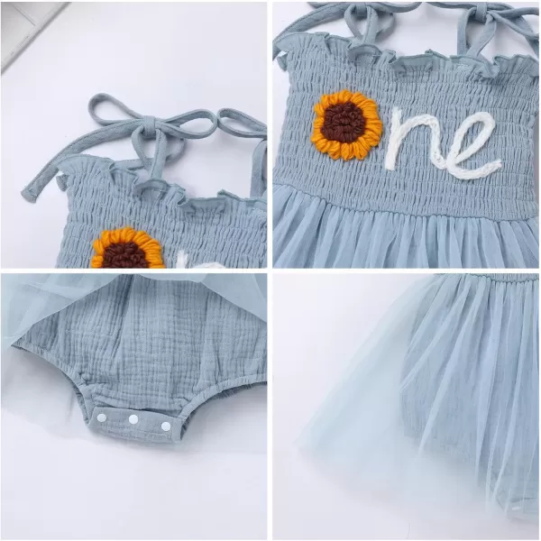 IDOPIP Baby Girl Berry One 1st Birthday Outfit Boho Romper Smocked Ruffle Tutu Dress with Headband for Cake Smash Photo ShootBlue Sunflower One