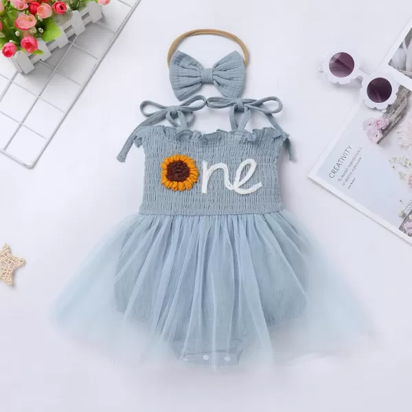 IDOPIP Baby Girl Berry One 1st Birthday Outfit Boho Romper Smocked Ruffle Tutu Dress with Headband for Cake Smash Photo ShootBlue Sunflower One