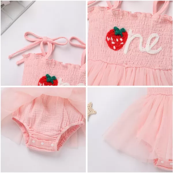 IDOPIP Baby Girl Berry One 1st Birthday Outfit Boho Romper Smocked Ruffle Tutu Dress with Headband for Cake Smash Photo ShootPink Strawberry One