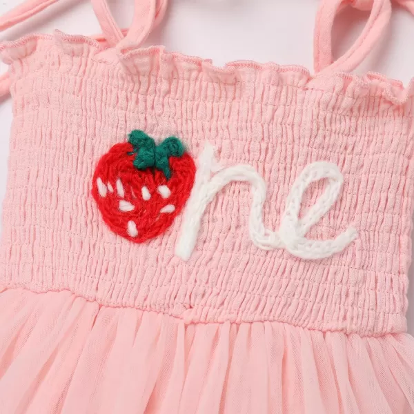 IDOPIP Baby Girl Berry One 1st Birthday Outfit Boho Romper Smocked Ruffle Tutu Dress with Headband for Cake Smash Photo ShootPink Strawberry One