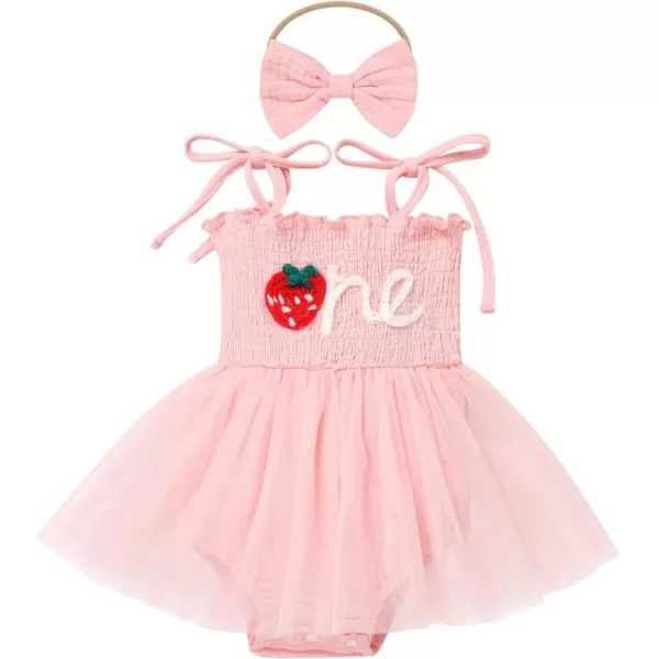 IDOPIP Baby Girl Berry One 1st Birthday Outfit Boho Romper Smocked Ruffle Tutu Dress with Headband for Cake Smash Photo ShootPink Strawberry One