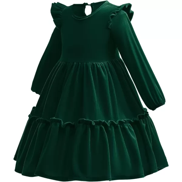 IDOPIP Baby Girl Toddler Velvet Dress Ruffle Long Sleeve Christmas Party Wedding Birthday Holiday Dresses Winter Fall ClothesGreen