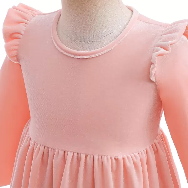IDOPIP Baby Girl Toddler Velvet Dress Ruffle Long Sleeve Christmas Party Wedding Birthday Holiday Dresses Winter Fall ClothesPink