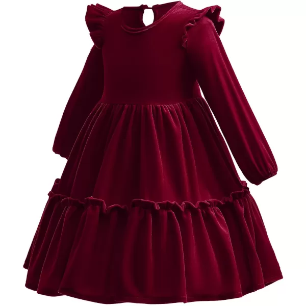 IDOPIP Baby Girl Toddler Velvet Dress Ruffle Long Sleeve Christmas Party Wedding Birthday Holiday Dresses Winter Fall ClothesWine Red