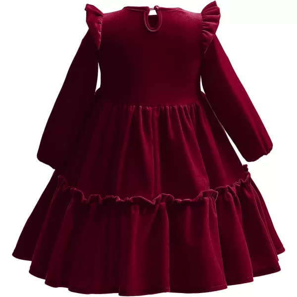 IDOPIP Baby Girl Toddler Velvet Dress Ruffle Long Sleeve Christmas Party Wedding Birthday Holiday Dresses Winter Fall ClothesWine Red