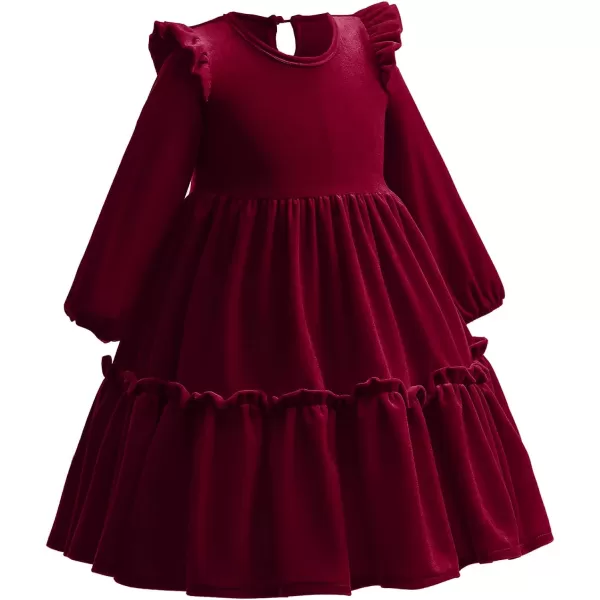 IDOPIP Baby Girl Toddler Velvet Dress Ruffle Long Sleeve Christmas Party Wedding Birthday Holiday Dresses Winter Fall ClothesWine Red