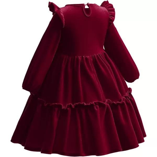 IDOPIP Baby Girl Toddler Velvet Dress Ruffle Long Sleeve Christmas Party Wedding Birthday Holiday Dresses Winter Fall ClothesWine Red