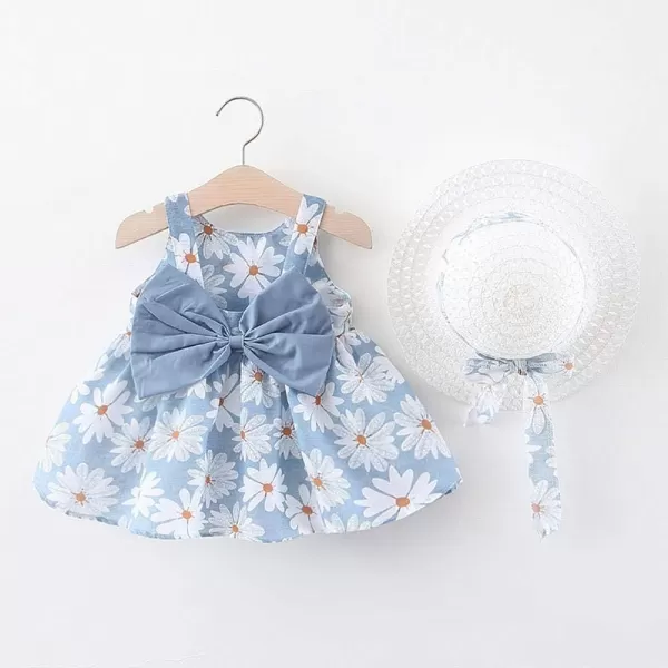 IDOPIP Baby Girl Tutu Dress Summer Sleeveless Backless Princess Birthday Party Dresses Flower Bow Sundress with Straw Hat SetBlue Floral