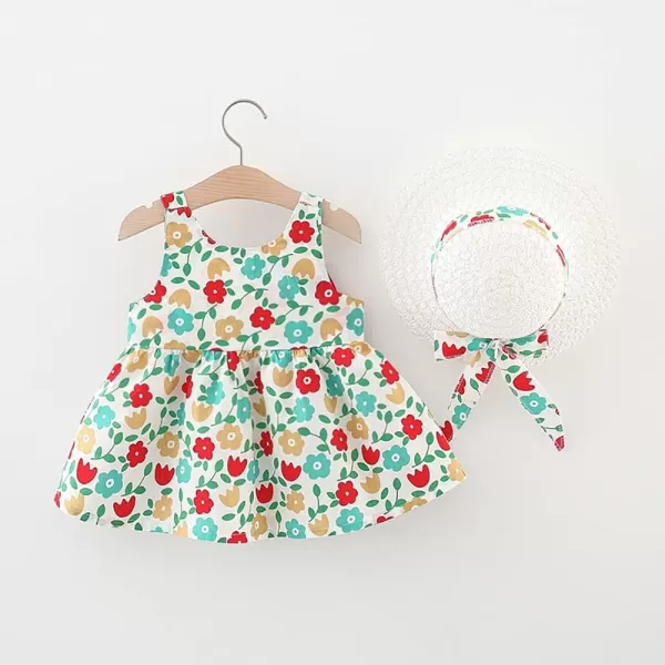 IDOPIP Baby Girl Tutu Dress Summer Sleeveless Backless Princess Birthday Party Dresses Flower Bow Sundress with Straw Hat SetGreen Flower  Red Bow