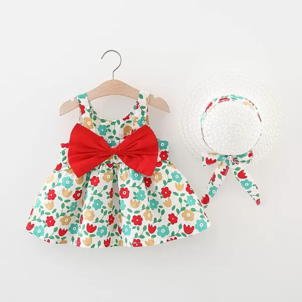 IDOPIP Baby Girl Tutu Dress Summer Sleeveless Backless Princess Birthday Party Dresses Flower Bow Sundress with Straw Hat SetGreen Flower  Red Bow