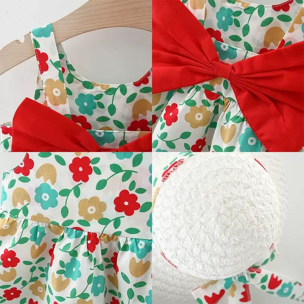 IDOPIP Baby Girl Tutu Dress Summer Sleeveless Backless Princess Birthday Party Dresses Flower Bow Sundress with Straw Hat SetGreen Flower  Red Bow