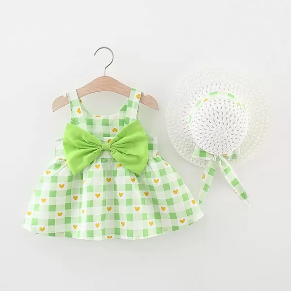 IDOPIP Baby Girl Tutu Dress Summer Sleeveless Backless Princess Birthday Party Dresses Flower Bow Sundress with Straw Hat SetGreen Heart  Plaid