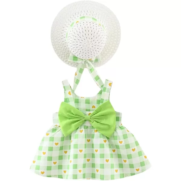 IDOPIP Baby Girl Tutu Dress Summer Sleeveless Backless Princess Birthday Party Dresses Flower Bow Sundress with Straw Hat SetGreen Heart  Plaid